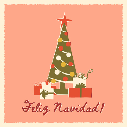 Feliz Navidad Merry Christmas in Spanish retro greeting card with a cute decorated Christmas Tree with baubles, star, and fairy lights. Vector vintage midcentury style card design.
