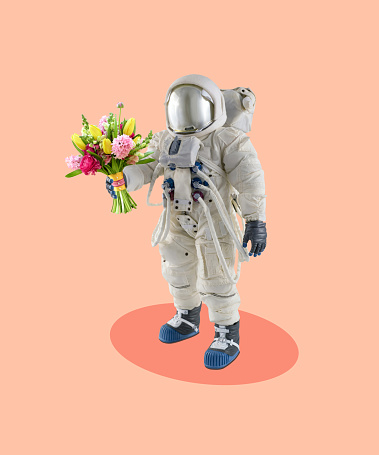 Contemporary art collage of Astronaut with a bouquet of flowers. Congratulations concept. Creative modern artwork. Сopy space.