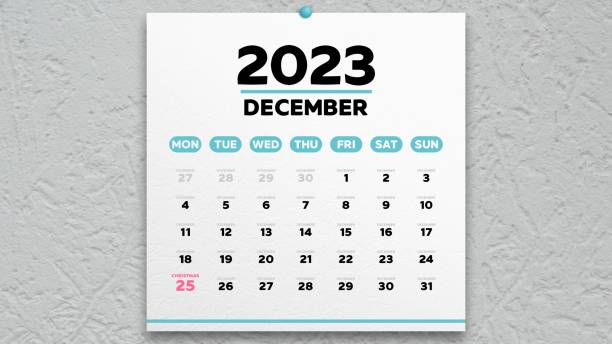 A beautiful December page of the calendar 2023 with the marked Christmas date on it stock photo