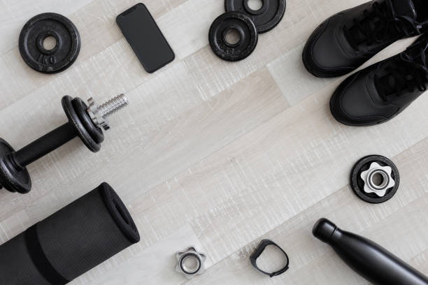 istock Top view of black workout equipment for training with copy space in the center 1781990741