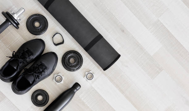 istock Workout equipment for training at home or gym top view with copy space 1781990793