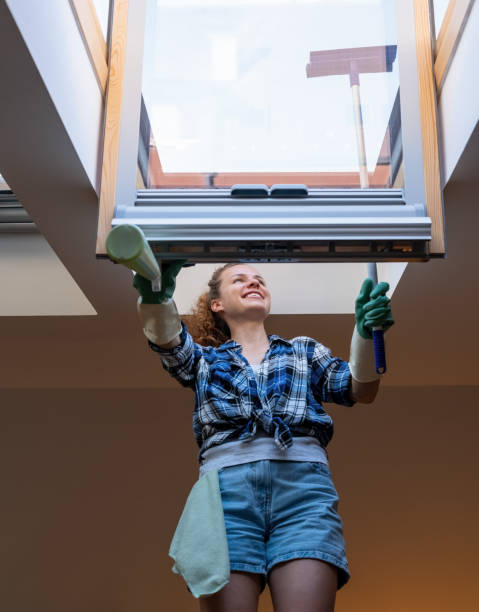 istock Woman cleaning roof light window at home using squeegee. 1781991945