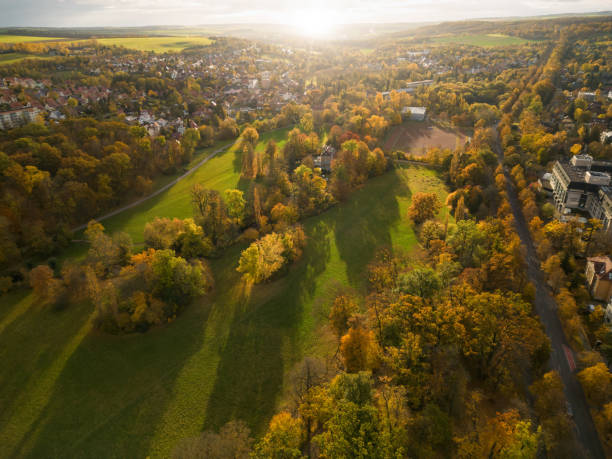 istock aerial view over park in weimar at sunrise in fall 1781996628