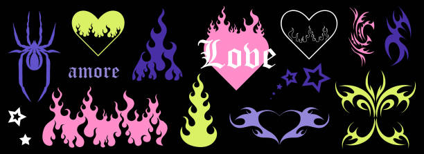 Y2k tattoo. Hearts with fire, butterfly, spider and gothic girly tribal abstract ornaments. Black silhouette. Modern retro stickers. 1990s, 2000s art. Cyber sigilism style, emo gothic vector icons Y2k tattoo. Hearts with fire, butterfly, spider and gothic girly tribal abstract ornaments. Black silhouette. Modern retro stickers. 1990s, 2000s art. Cyber sigilism style, emo gothic, vector icons spider tribal tattoo stock illustrations