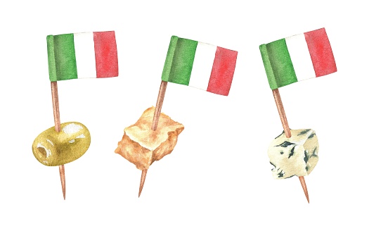 Watercolor illustration. Skewers with Italian appetizers. Blue cheese, parmesan, olives. The flag on the toothpick decorates the national dishes of Italy. Hand drawn Isolated on a white background.