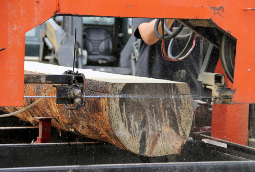 portable saw mill cutting a log into lumber with saw dust in the air from the cutting