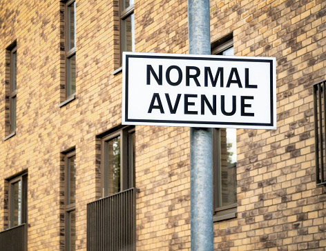 Close-up of a street name sign called Normal Avenue, with an apartment building in the background.
