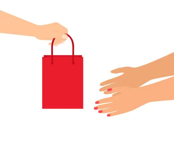 Vector illustration of Male Hand Giving Red Shopping Bag To Female Hands. Christmas Gift, Birthday Present And Valentine's Day Gift Concept