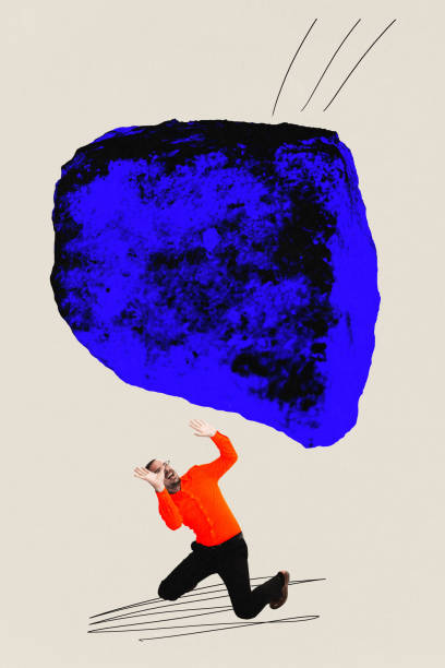 istock Businessman sitting on knees, giant stone falling on him. Deadlines, burning projects. Contemporary art collage. Business, office 1782030924