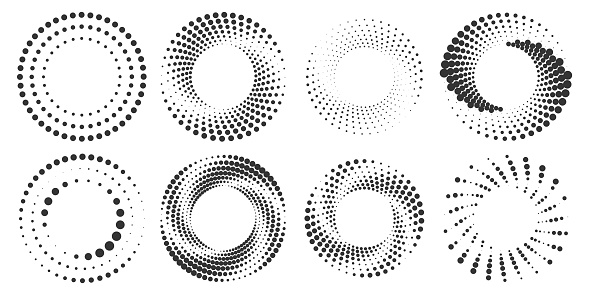 Set of halftone round dotted frames. Design element for frame, logo, web pages, prints, posters, template.