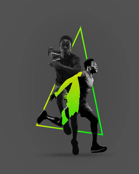 istock Poster. Contemporary art collage. Modern creative artwork. Confident fast African-American professional runner training. 1782042423
