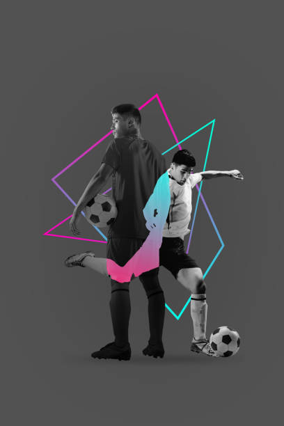 istock Poster. Contemporary art collage. Modern creative artwork. Young attractive man, professional soccer player with ball. 1782042428