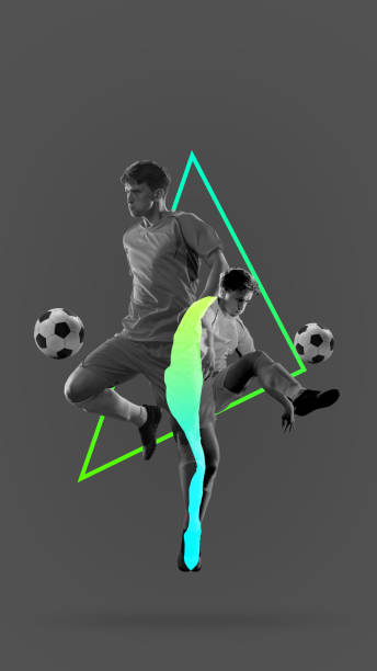 istock Poster. Contemporary art collage. Modern creative artwork. Young talented football player exercising kicking ball. 1782042429