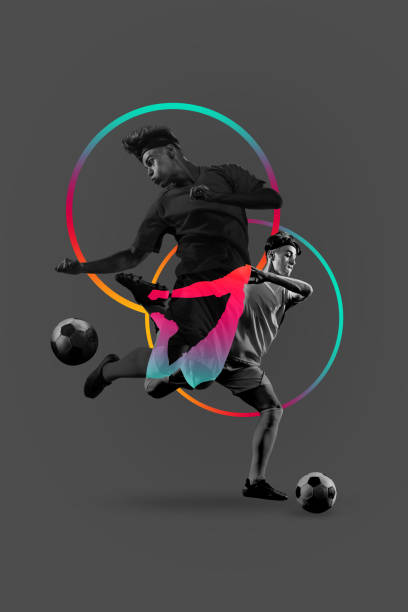 istock Poster. Contemporary art collage. Modern creative artwork. Confident young man in monochrome filter kicking ball. 1782042430