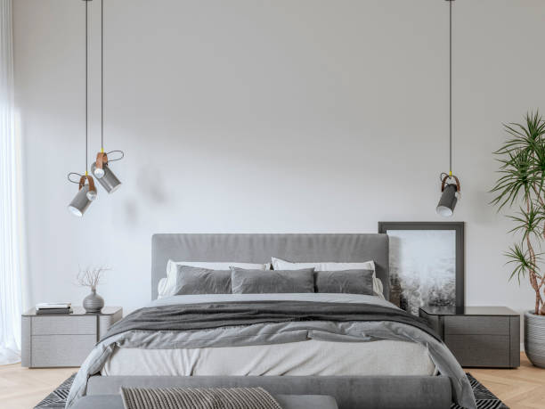 istock Front view of a luxury bedroom with windows and decoration 1782047681