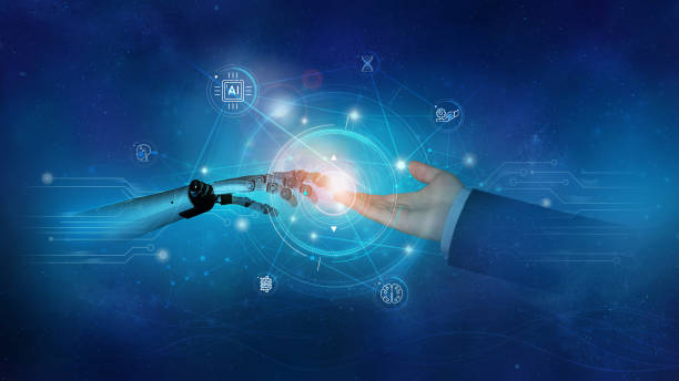 istock Robot hand and human hand touching digital infographics background 1782057669