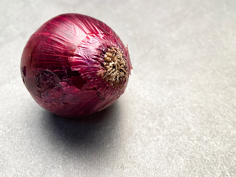 Red onion on gray stone background with copy space