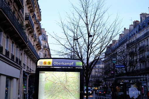 Paris, France - February 17th 2021: the entrance of the metro station of Oberkampf