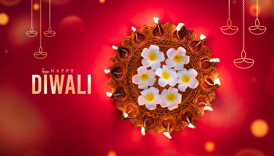 2024 Happy Diwali concept banner design, Diwali Diya isolated on red colour background