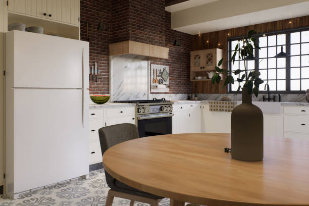 istock White kitchen with dark red brick, wood, large window and kitchen utensils. L-shaped kitchen with beams and dining table. 3d rendering 1782071028