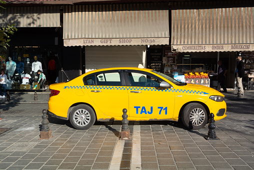 Istanbul, Turkey, 15th of October 2023, Yellow taxi in the street of Istanbul , Editorial only.