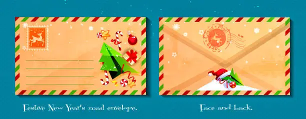 Vector illustration of New Year postal envelope with travel wooden sign and gifts, candy canes, Christmas decorations on a isolated colored background. Stylish vector template of face and back envelope.