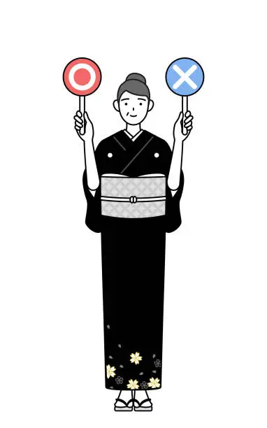 Vector illustration of New Year's greeting and weddings, Senior woman in kimono holding a placard indicating correct and incorrect answers.