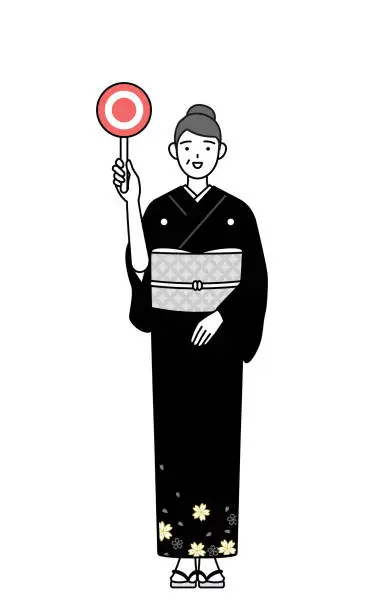 Vector illustration of New Year's greeting and weddings, Senior woman in kimono holding a maru placard that shows the correct answer.
