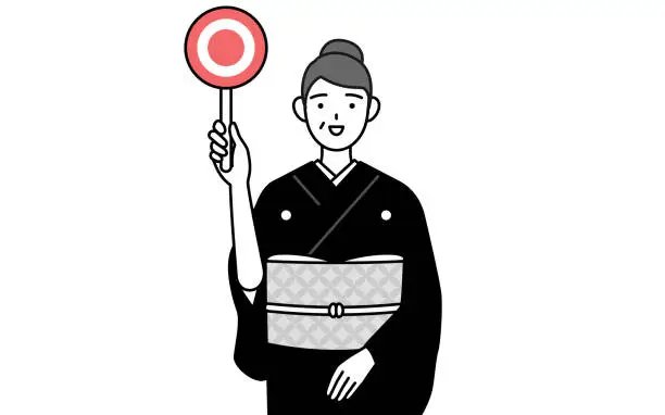 Vector illustration of New Year's greeting and weddings, Senior woman in kimono holding a maru placard that shows the correct answer.