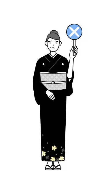 Vector illustration of New Year's greeting and weddings, Senior woman in kimono holding a placard with an X indicating incorrect answer.