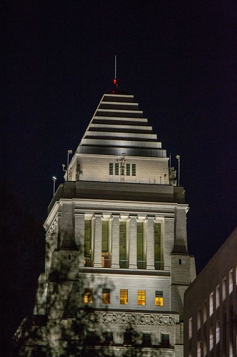 The illuminated tower of Los Angeles City Hall at night