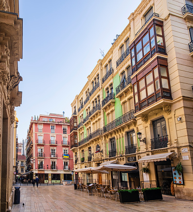 Building overlooking the Plaza del Abad Penalva, a small square located behind the Rambla of Alicante, famous for the co-cathedral of San Nicolas located on one side of the square (2 shots stitched)