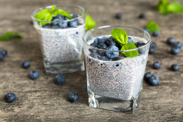 istock Healthy breakfast or morning with chia seeds vanilla pudding and blueberry berries on table background, vegetarian food, diet and health concept. Chia pudding with coconut milk and blueberry 1782101206