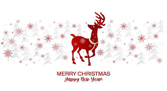 MERRY CHRISTMAS and Happy New Year background with deer and snowflakes on the background of Christmas trees, forest. Festive greetings. Vector