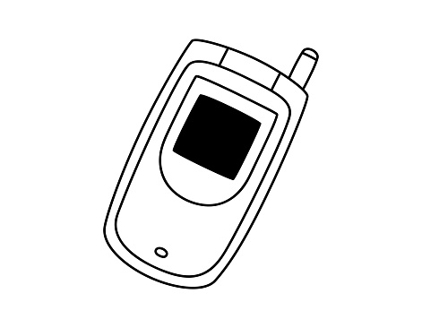Hand drawn cute cartoon outline illustration of retro cell flip mobile phone. Flat vector old mobile telephone with buttons sticker in line art doodle style. Call device icon or print. Isolated.