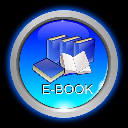 e-book button blue on black background - 3D illustration