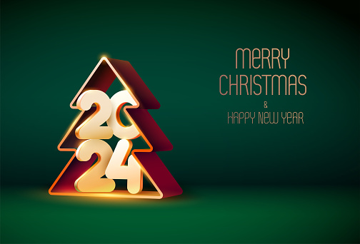 Happy New year 2024. 3D Christmas trees with white numbers. Festive greeting card design.
