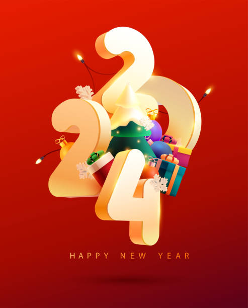 istock Happy New year 2024. White 3D data with Christmas tree and colorful gift boxes. 1782118966