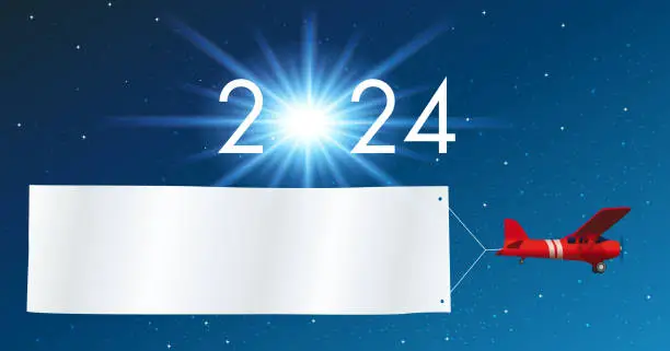 Vector illustration of Greeting card 2024 showing a red plane pulling a white banner, in front of a starry sky.