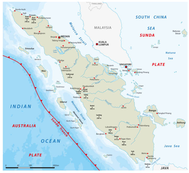 stockillustraties, clipart, cartoons en iconen met map of the sunda trench off the west coast of sumatra, indonesia - marapi