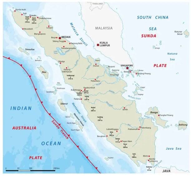 Vector illustration of Map of the Sunda Trench off the west coast of Sumatra, Indonesia
