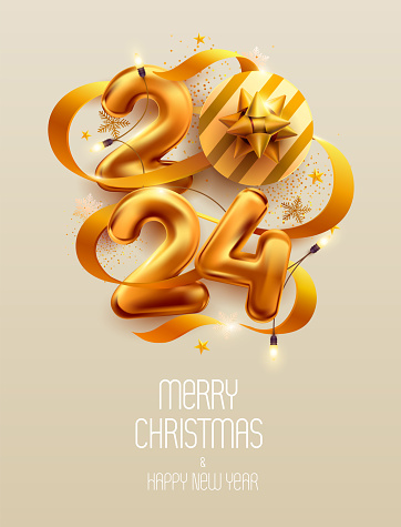 Happy New Years 2024. Greeting poster design with 3D numeral, ribbon, gift boxes. Festive vector template.