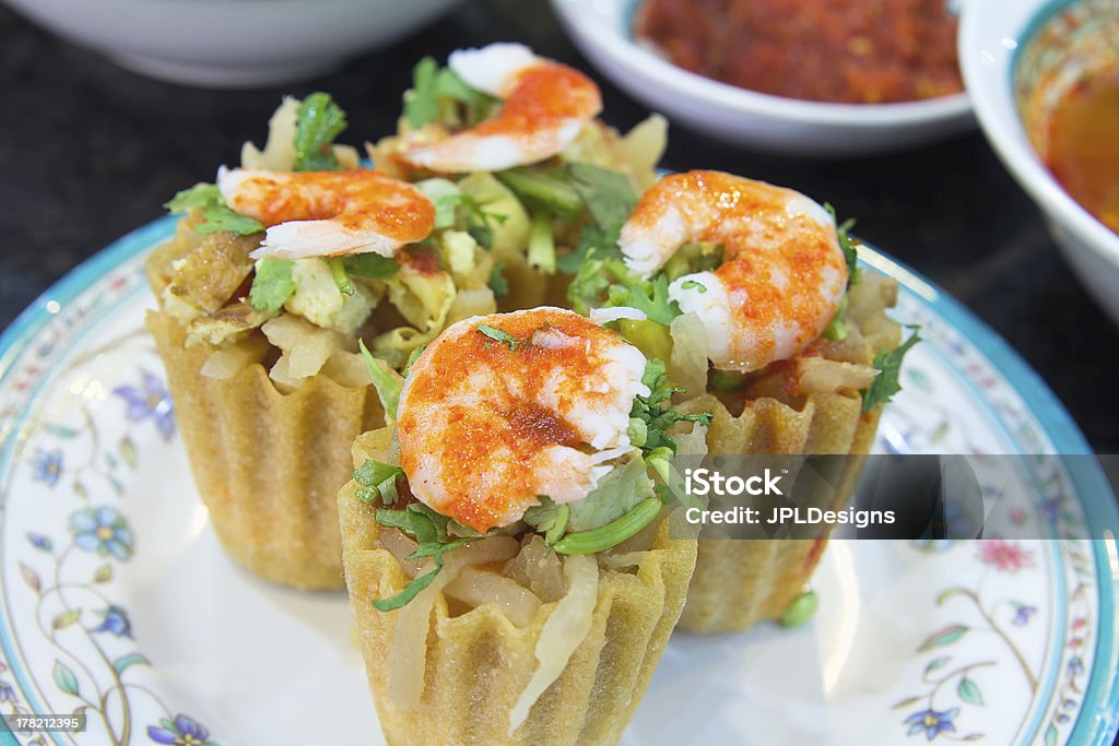 Nyonya Kueh Pie Tee with Prawns Closeup 2 Nyonya Peranakan Kueh Pie Tee with Prawns and Chili Paste Closeup 2 Peranakan Culture Stock Photo