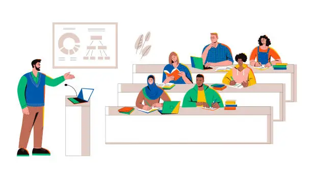 Vector illustration of Lecture hall with  teacher and multiracial students. Male professor is giving  lecture at university or college. Concept of education, public seminar, international conference. Flat vector.