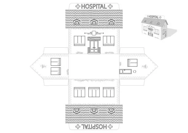 Vector illustration of Toy hospital house print A4 die cut template. Simple style, fast and easy to fold. Vector illustration