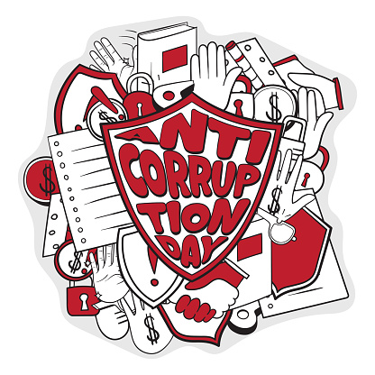 Doodle art design of anti corruption day with shield and corruption icons