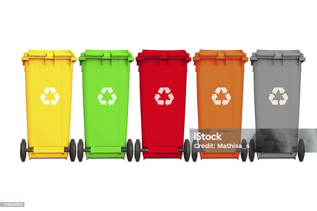 Backside of large five garbage bins Backside of large five garbage bins with wheel  and recycle Can Stock Photo