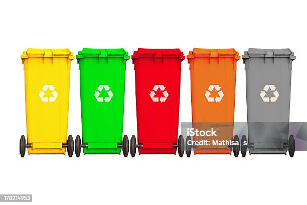 Backside Of Large Five Garbage Bins Stock Photo - Download Image Now - Can, City Life, Clean