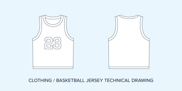 Basketball Jersey, technical drawing template, Fashion sketch illustration. Editable vector, line art. Black and white Sports Jersey clothing schematics, two sides of garment, on isolated background. black and white sports silhouette stock illustrations