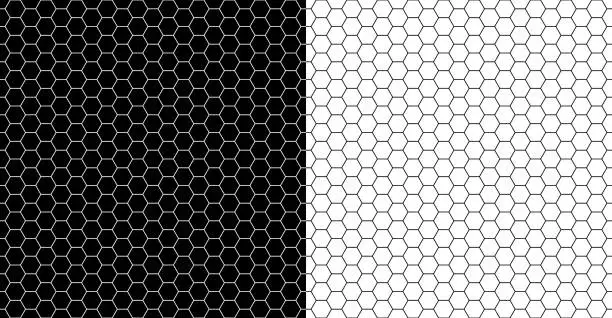Vector illustration of Monochrome geometric seamless background with hexagon pattern. Black grid on a white background and the same white grid on the black side.